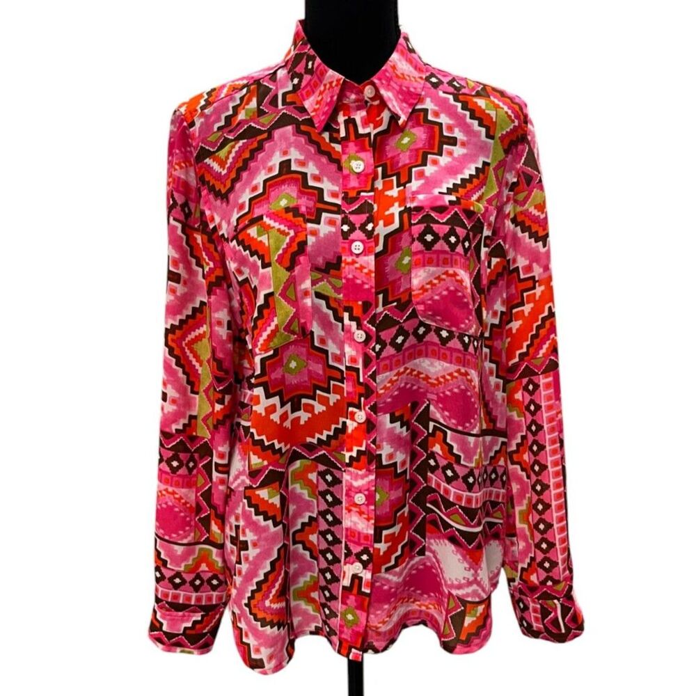 JONES NEW YORK Southwestern Print Women's Blouse Pink Orange Full Button Size PL